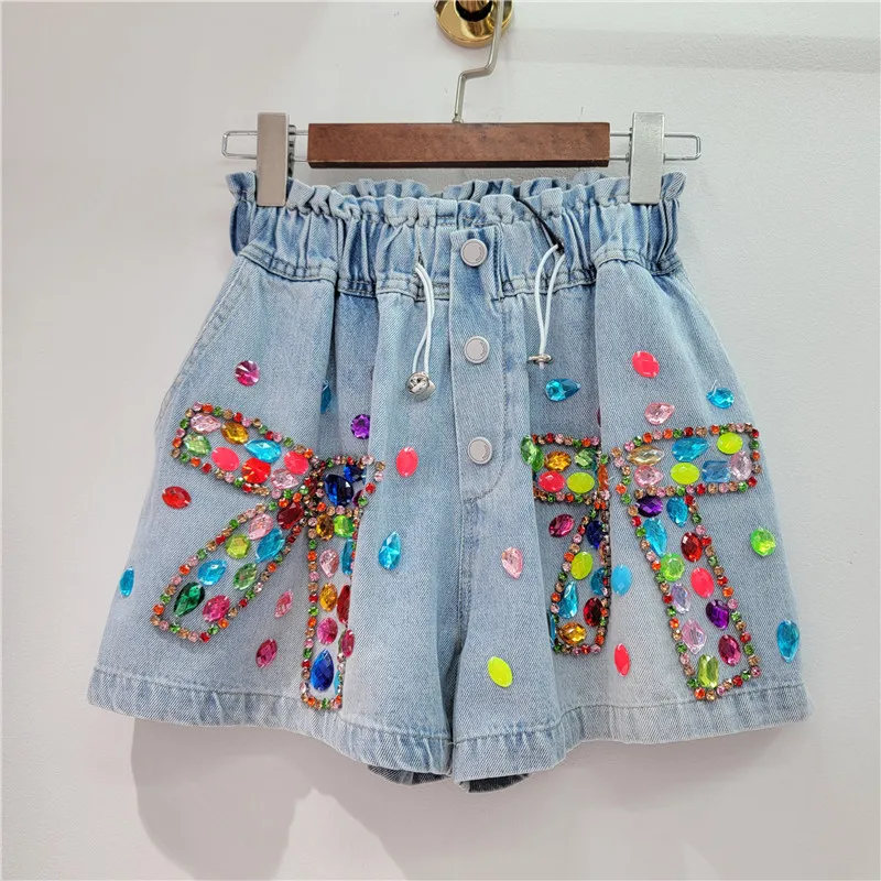 

Women 3D Bow Colorful Diamonds Beaded Denim Shorts High Waist Elastic Slimming Wide Legs Rhinestones Short Jeans Trousers Pants