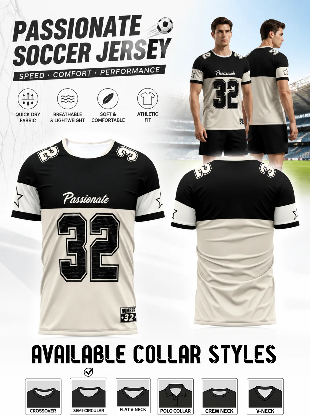 Color‑block trendy No.32 soccer jersey with star prints on shoulders and sleeves for street‑style charm
