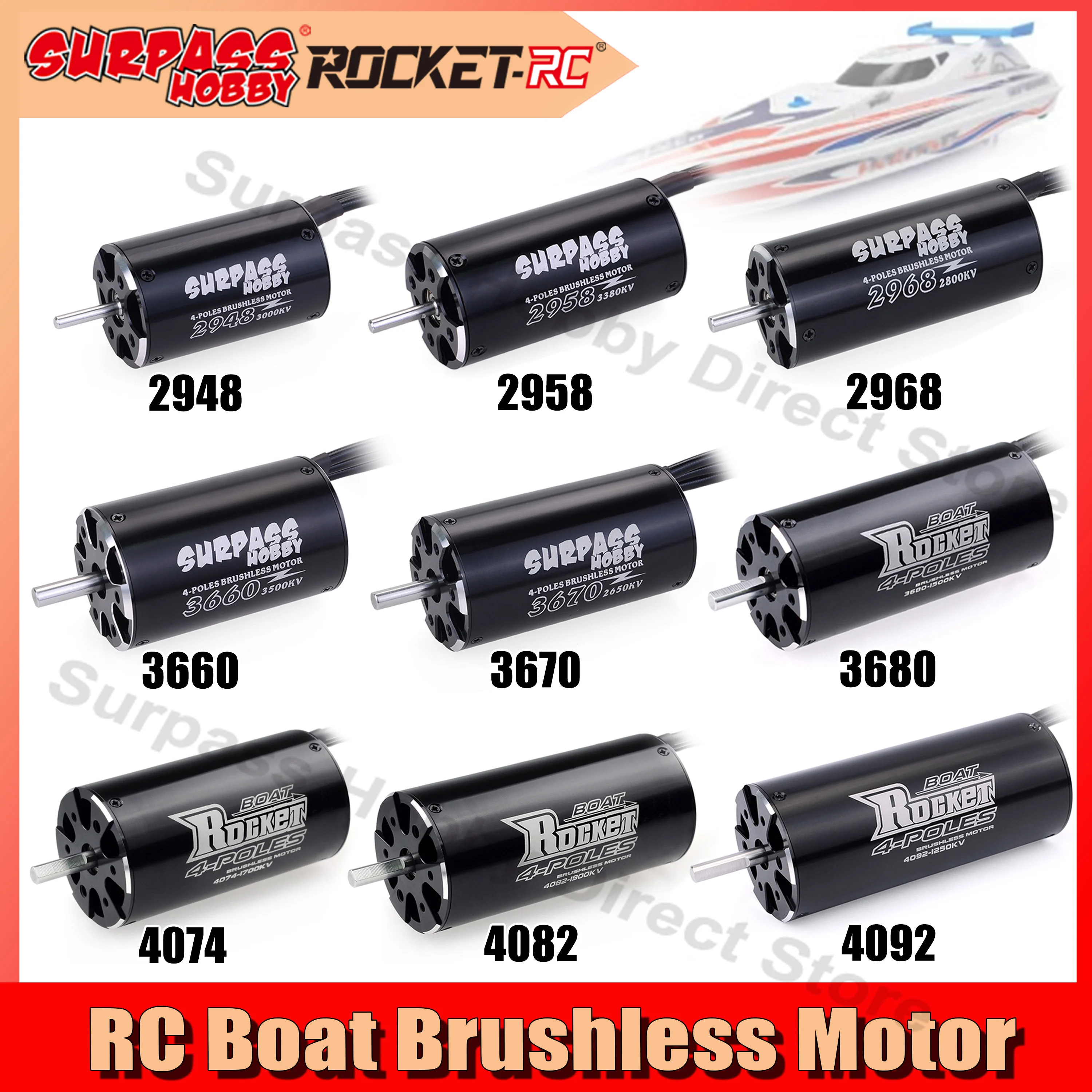 

Rocket RC 2948 2958 2968 3660 3670 3680 4074 4082 4092 Brushless Motor for RC Boat 500-1000mm Traxxas Feilun Fishing Bait Boat