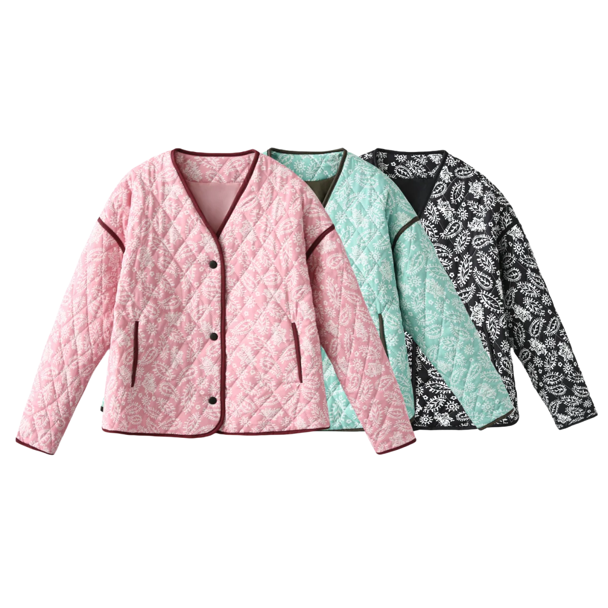 

2024 Autumn New Women's Clothing INS Contrasting Border Pink Print V-Neck Loose Patchwork Cotton Jacket Jacket Jacket