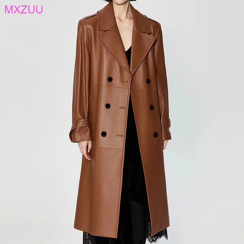 Retro Brown Leather Jacket Women Sheepskin British Style Lapel Double Breasted Belt Loose Long Trench Coat Kurtka Damska Zimowa