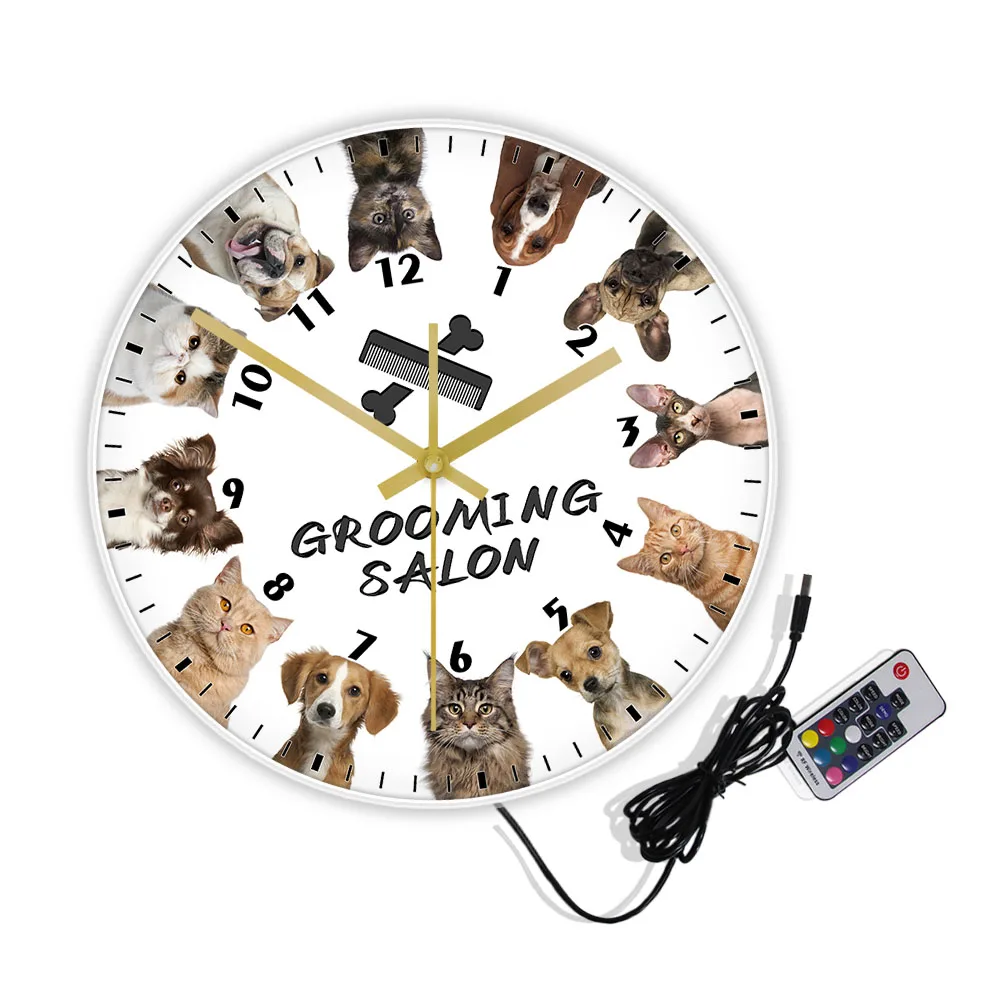 Cat And Dog Grooming Salon Custom Name LED Light Wall Clock For Business Display Pet Groomer Neon Light Sign Glowing Wall Clock