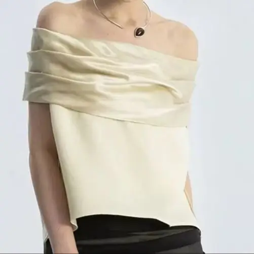 2026 Women's Satin Stitching Slash Neck Short Sleeve Fashion Tops