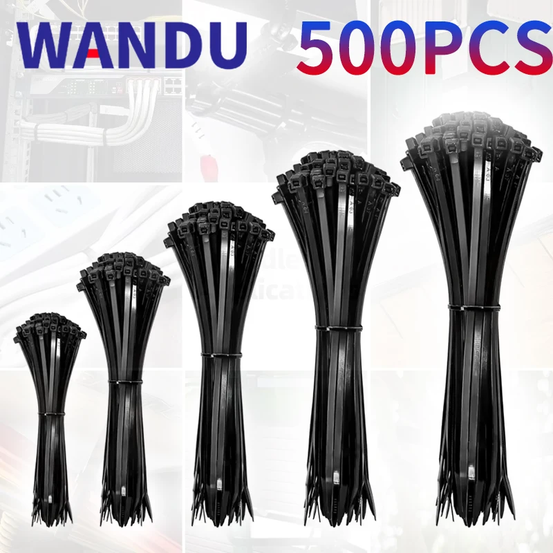 500PCS Self-Locked Nylon Cable Tie Black Plastic Wire Zip Ties Sets Fixed Binding 4-6-8-10-12inch High Tensile Wandu Office use