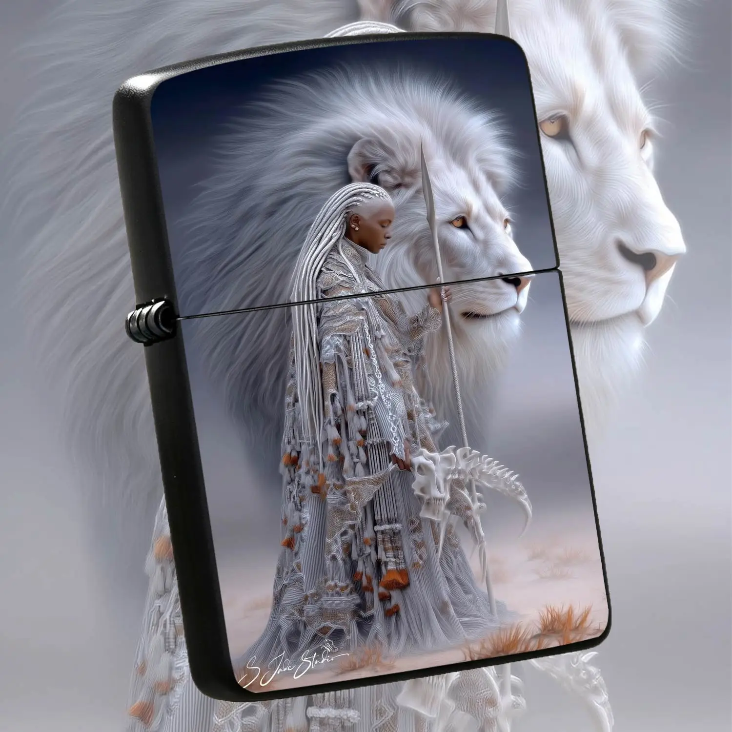 Exquisite White Lion Guardian Themed Portable Lighter, Artistic Fantasy Character Pattern Decorative Ignition Device, Durable Delicate Full-Print Practical Accessory, Ideal For Daily Use Outdoor Trips Holiday Gifting An A Humorous And Inter