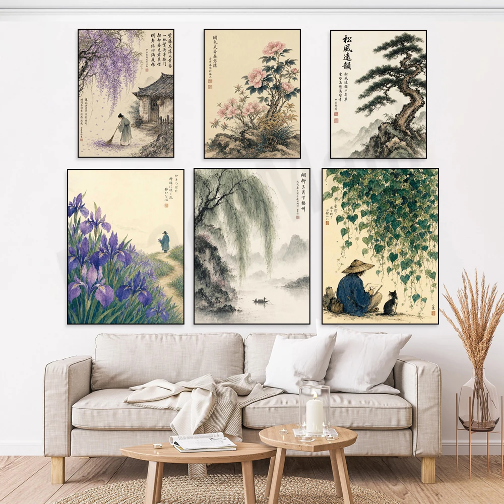 Chinese watercolor painting, literati sweeping wisteria blossoms, misty mountain streams, an Eastern landscape Zen art poster.