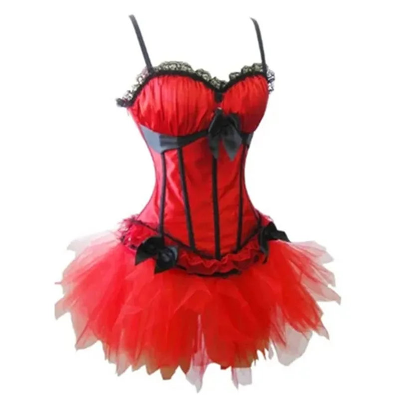 Sexy Woman Fancy Lace Bowknot Corset Top with Mini Tutu Skirt Red Satin Corset Dresses Showgirl Dance Carnival Party Costumes