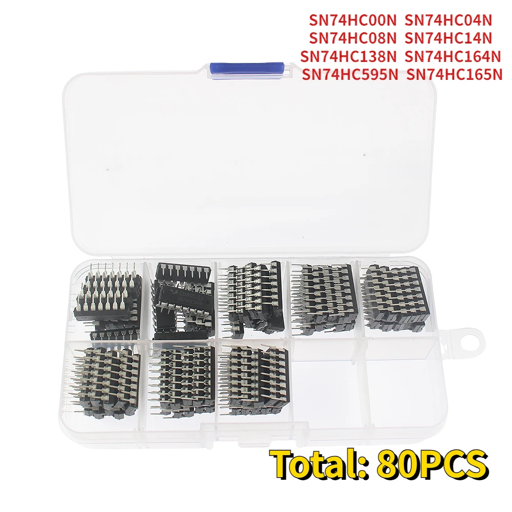 

80PCS Integrated Circuit DIP-14 SN74HC00N SN74HC04N SN74HC08N SN74HC14N SN74HC138N SN74HC164N SN74HC595N SN74HC165N Logic IC Kit