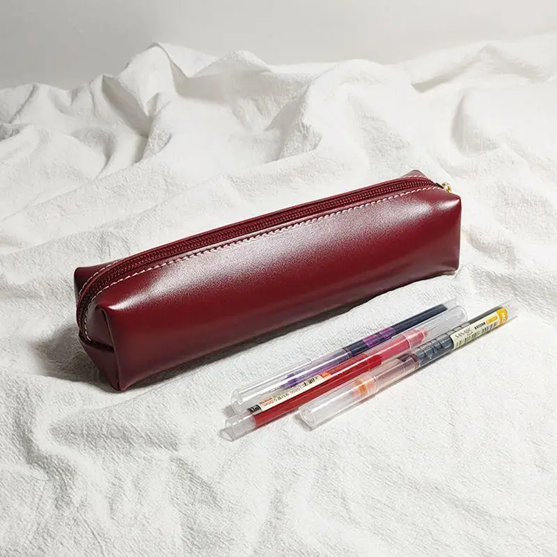 【B】Simple PU Leather Pencil Case Small Portable Makeup Brush Storage Bag Students Large Capacity Stationery Box School Supplies