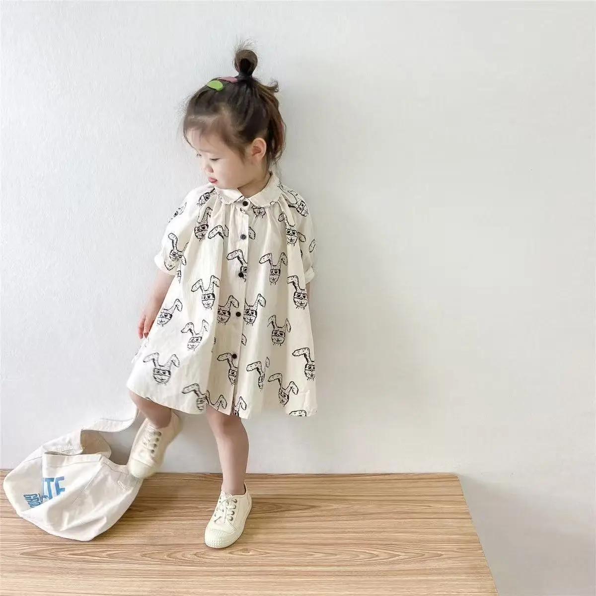 

Girls' Cartoon Short Sleeved Dress Summer 2025 New Korean Version Children's Cute Thin Doll Collar Dress 80-130CM