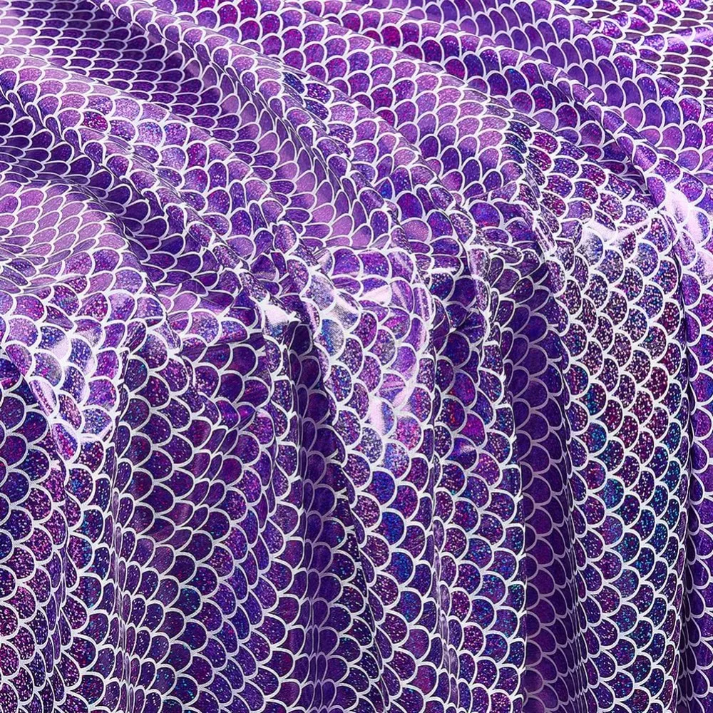 

1,1 ярда/1 м ткань с рыбьей чешуей русалки, 59 дюймов, неэластичный полиэстер, фиолетовая ткань с узором в виде чешуи русалки, блестящее украшение