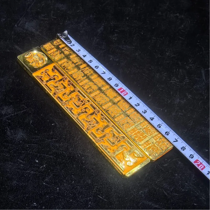 Daoist ruler double-sided inscriptions, bar, copper rod, ancient bronze carving with scratches, cinnabar inla
