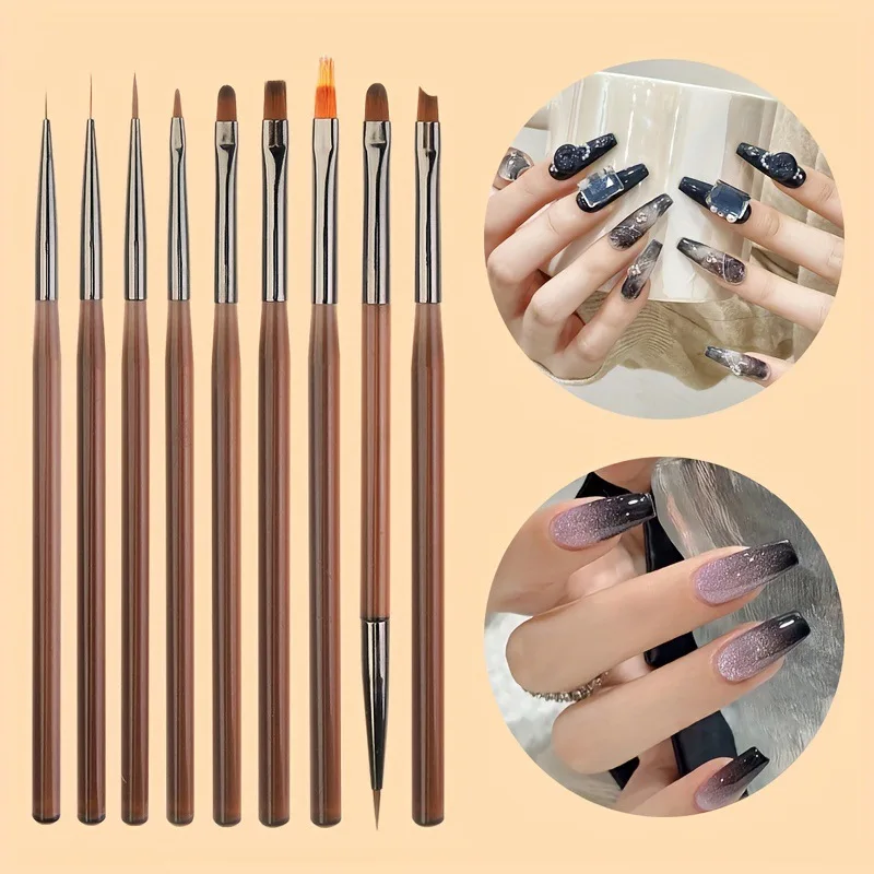 9Pcs UV Gel Nail Art Brush Acrylic Drawing Painting French Line/Flower Pen Nails Tip Gradient Build Light Therapy Manicure Brush