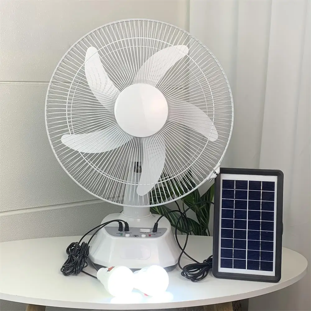 12Inch Rechargeable Home Solar Powered Electric Fan With Solar Panel and Light Bulb