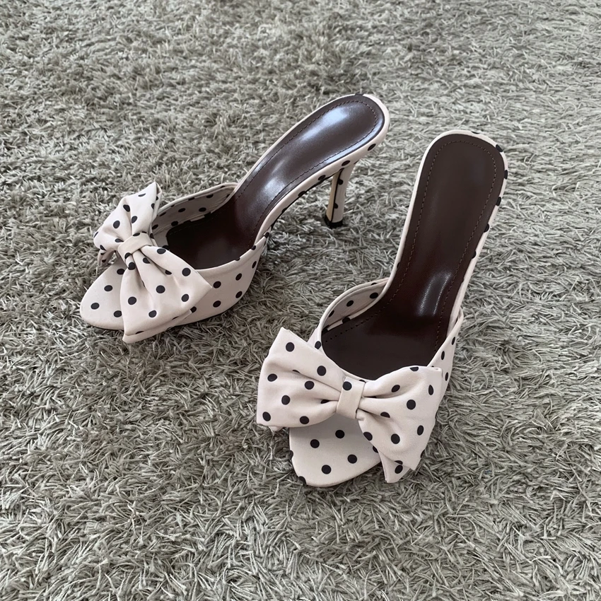 Sandalias de tacón alto de satén retro con lazo de lunares para mujer, estilo peep toe, elegantes para bodas y verano