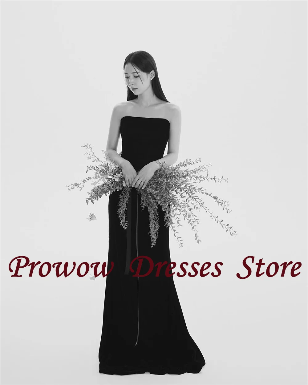 

Prowow Simple Black Prom Dress Korea Wedding Photo Shoot Stretchy Mermaid Evening Party Gown Strapless Sleeveless Customized