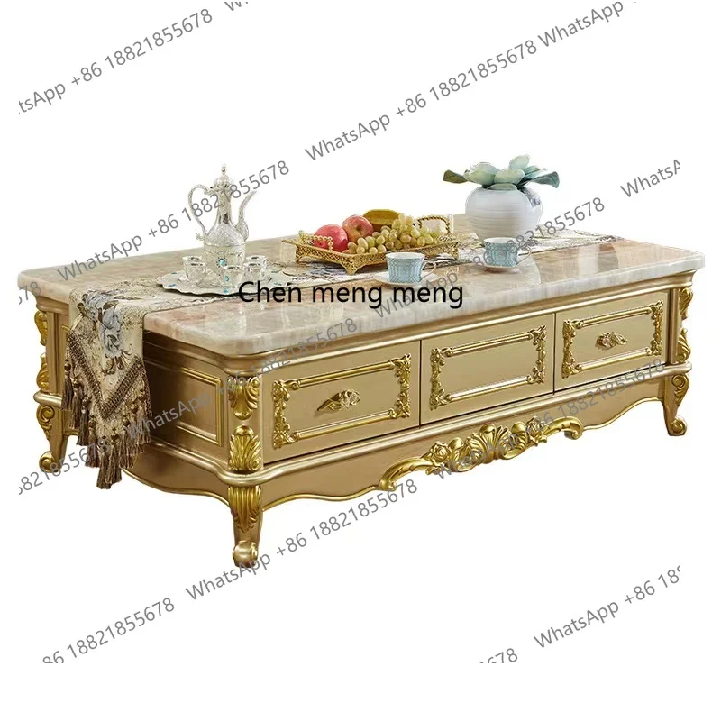 European marble coffee table TV cabinet combination solid wood carved champagne gold tea table American furniture