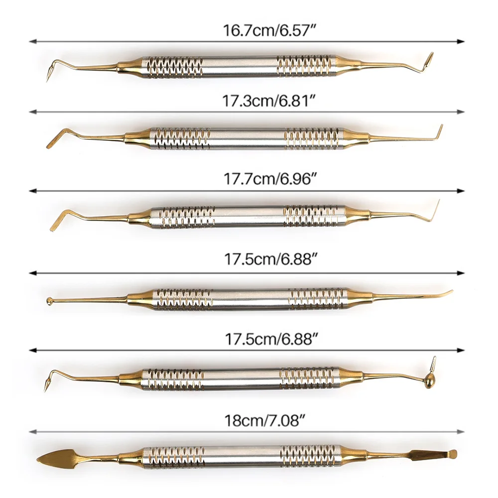 6Pcs/Kit Orthodontic Composite Resin Filling Spatula Restoration Tool Titanium Plated Head Resin Filler Set Thick Handle