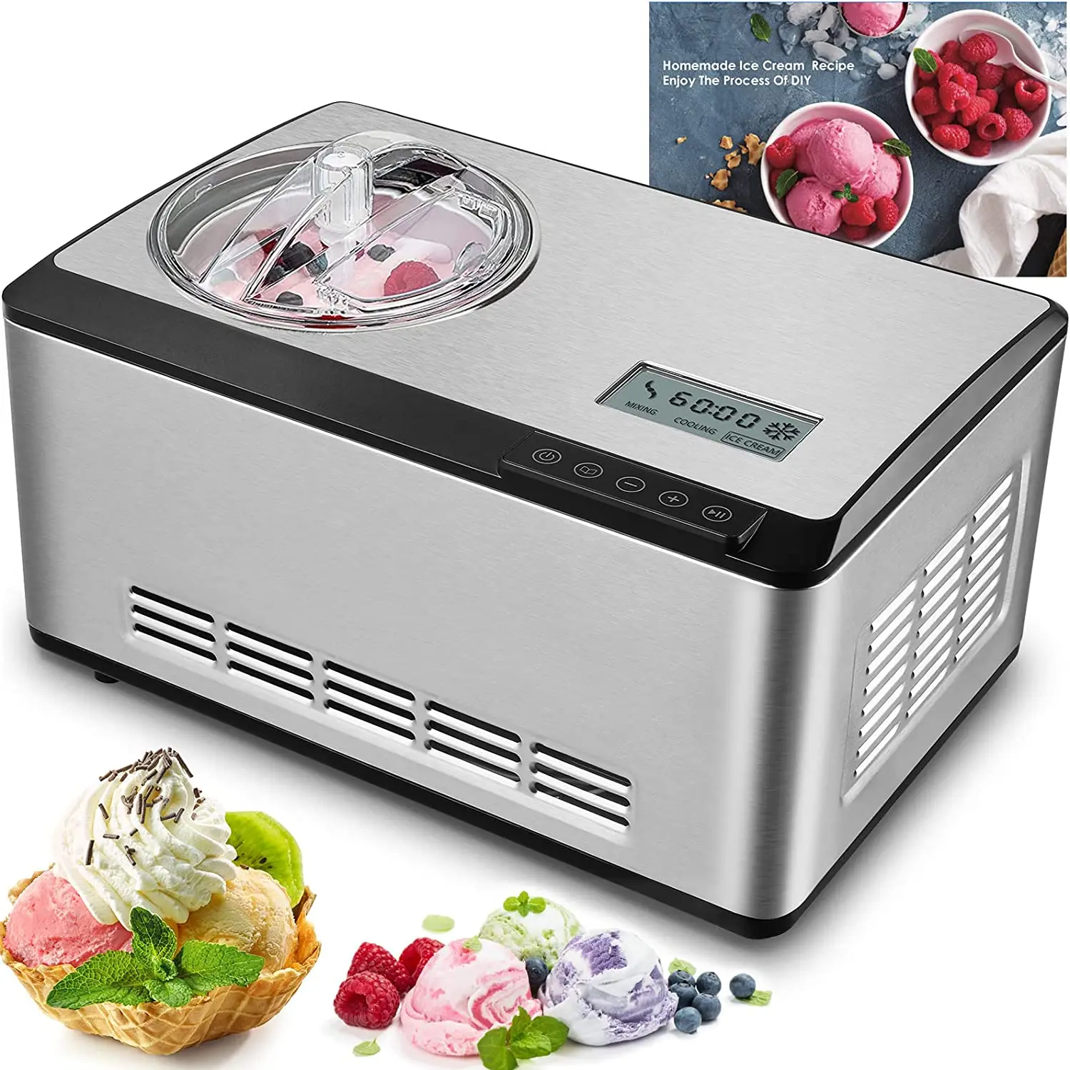 Ice Cream Maker Stainless Steel Ice Cream Maker with Ice Cream Scooper and Recipe for Ice Cream Frozen Yogurt Sorbet 2 L180 W