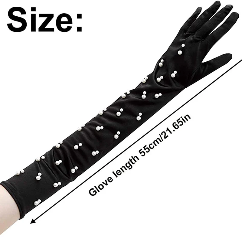 55cm Women Retro Style Satin Pearl Decoration Long Gloves Elegant Smooth Soft Stretch Stage Performance Accessories Cosplay