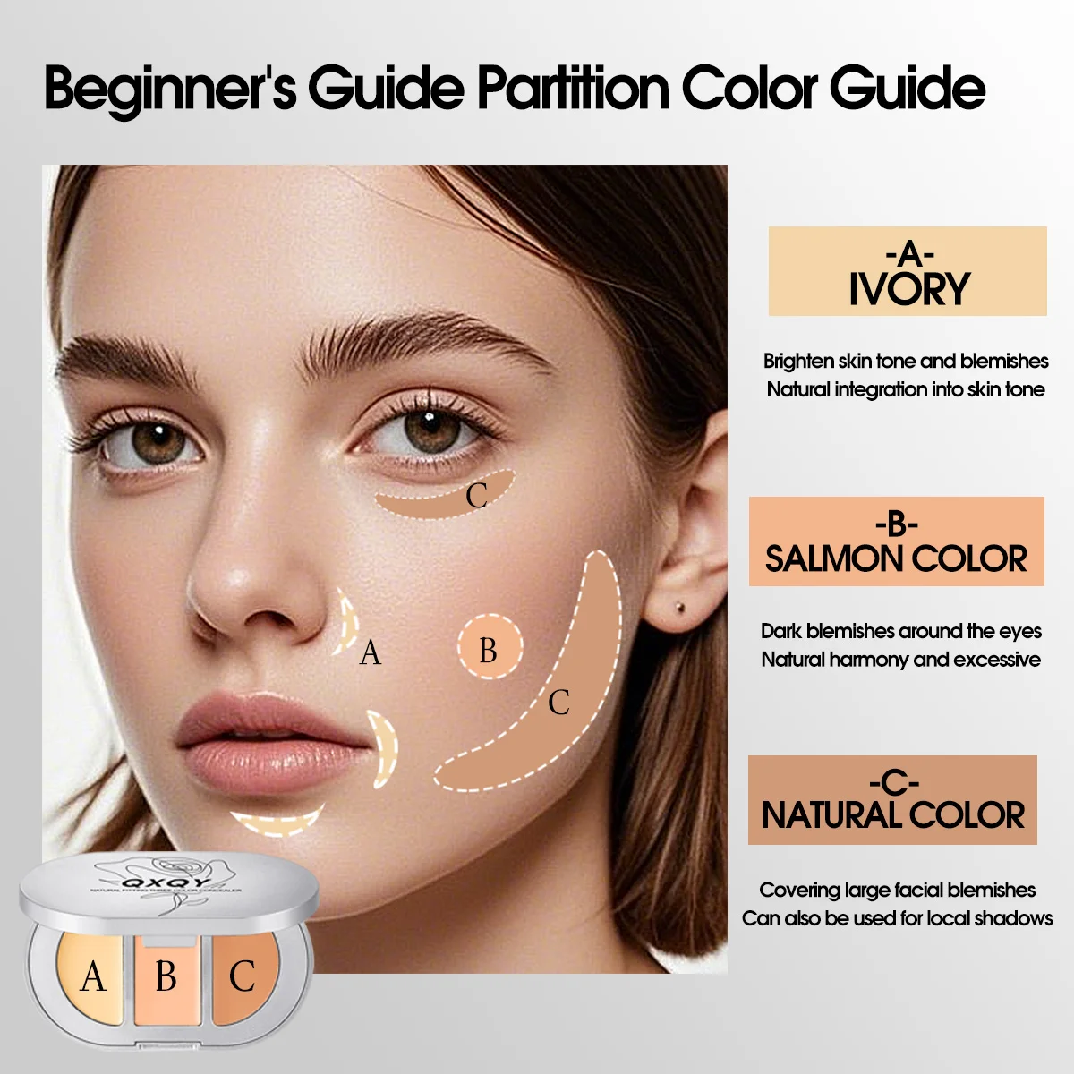 QXQY Natuurlijke driekleurige gezichtsconcealer om donkere kringen te bedekken Acnevlekken Lichte hydraterende verhelderende crème