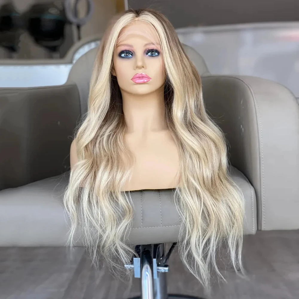 Synthetic Long Blonde Wavy Wig for Women 30 Inch Balayage Highlights Lace Front Wig Heat Resistant Fiber for Daily Wear to Go