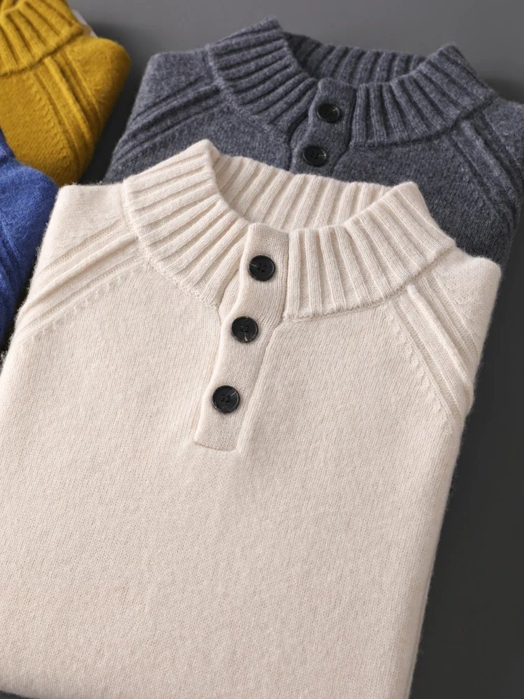 

Autumn Winter New Fashion Men's Thick Pullover Mock Neck Cashmere Sweater 100% Merino Wool Knit Soft Casual Warm Clothing Tops