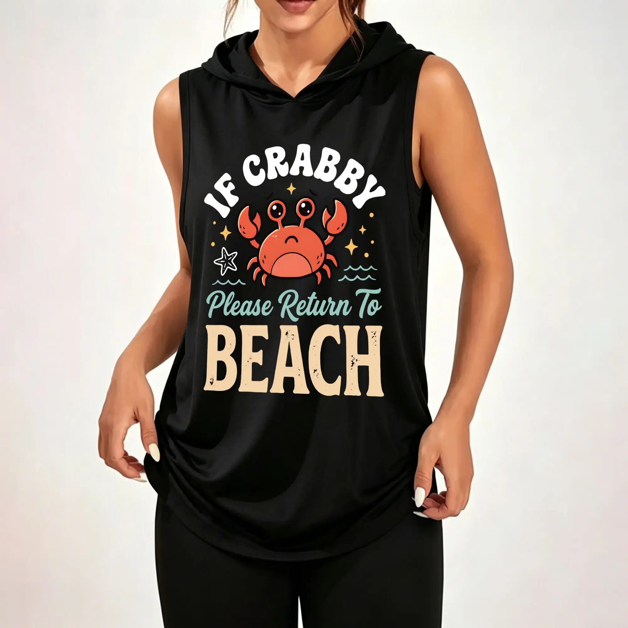 Women Sleeveless Hooded Tank Top Funny Crab Graphic Print 