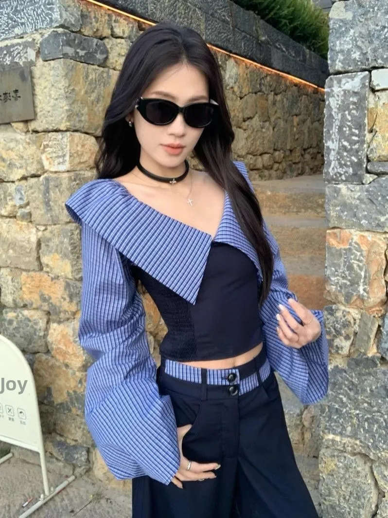 

Spring 2026 Women's High Waist Wide Leg Pants Striped irt Set Faionable Ele Two-Piece Cotton Long Sve V-Ne Suit
