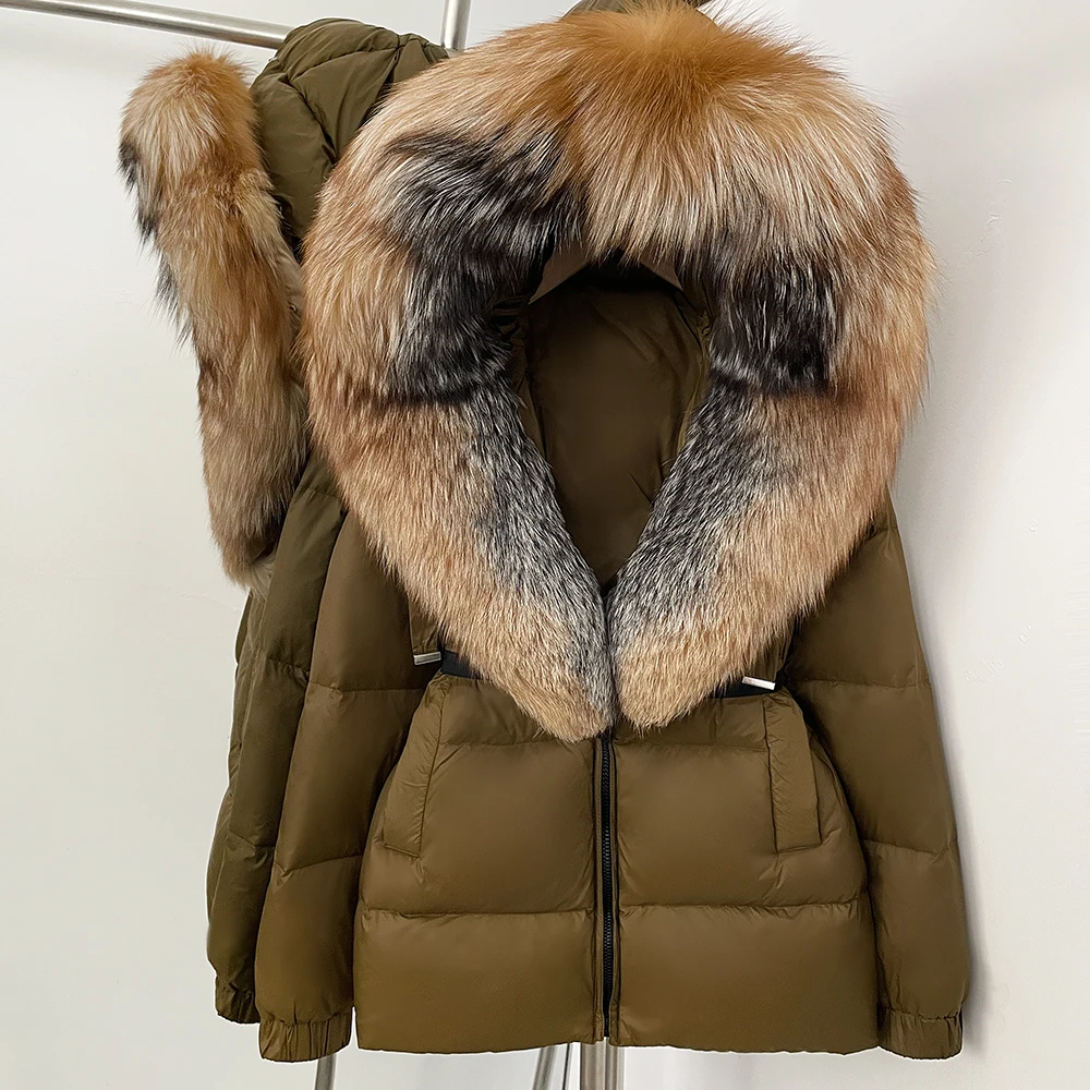 

Женская зимняя куртка-парка с капюшоном из натурального меха лисы, утепленная белым утиным пухом, водонепроницаемая
