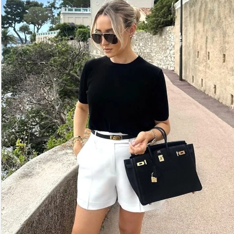 HXAO Pantaloncini corti da donna Mini Pantaloncini neri Pieghe estive Pantaloncini larghi da donna Pantaloncini casual a vita alta Bermuda da ufficio Pantaloncini bianchi rosa