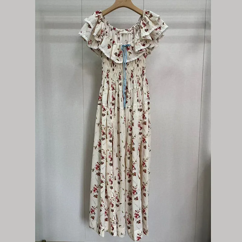 26 Summer Women printed Dress Flutter Sleeve V-neck Lotus Leaf Edge Waist Strap Midi Robe