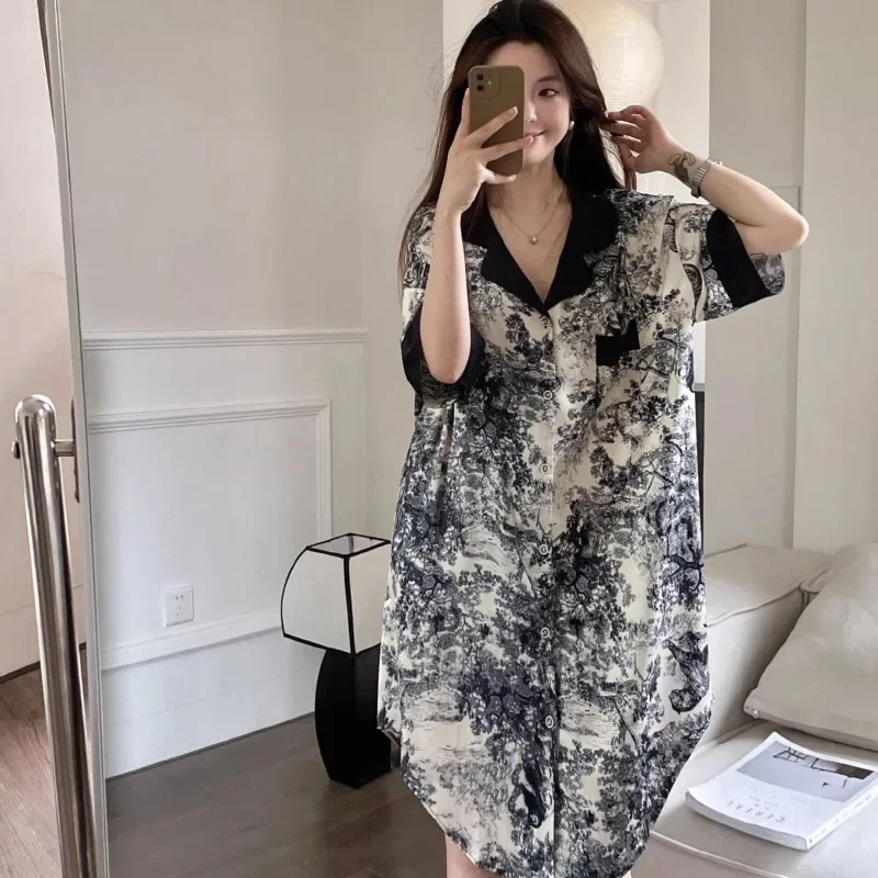 Chinese Style Ink Painting Cool Feeling Ice Silk Nightdress Women's Summer Loose and Comfortable Fashion Loungewear Nighty Gown