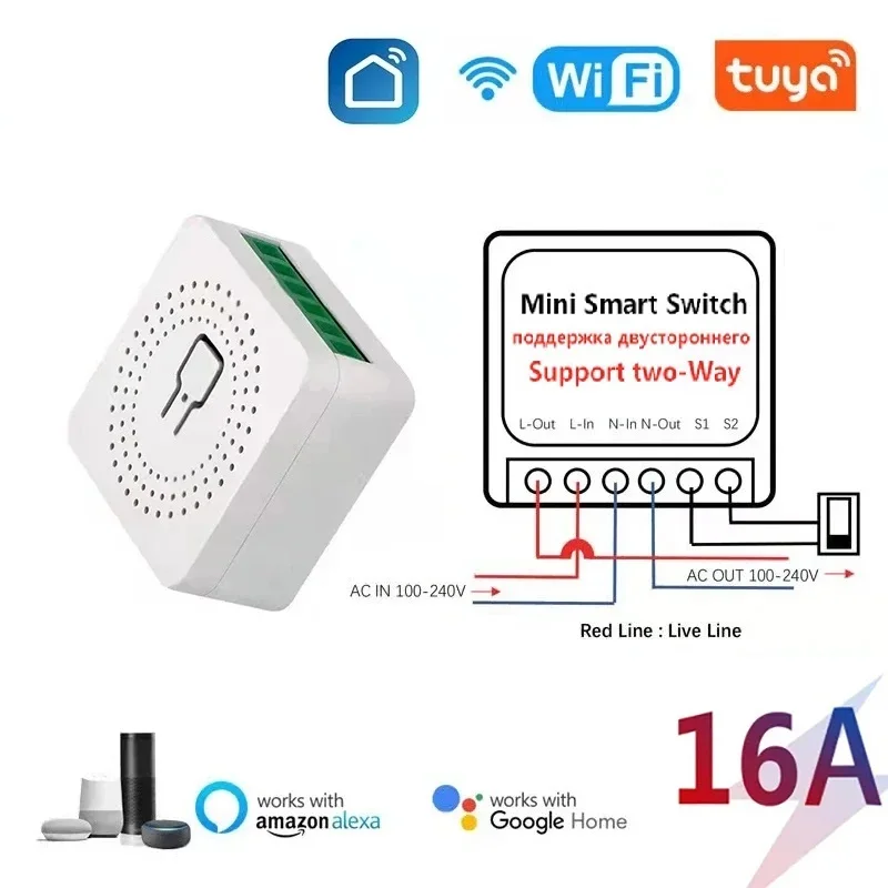 Tuya Mini 16A WiFi Switch Smart Life App 2 Way Control Smart Home Automation Module Interruptor Work for Alexa Google Home