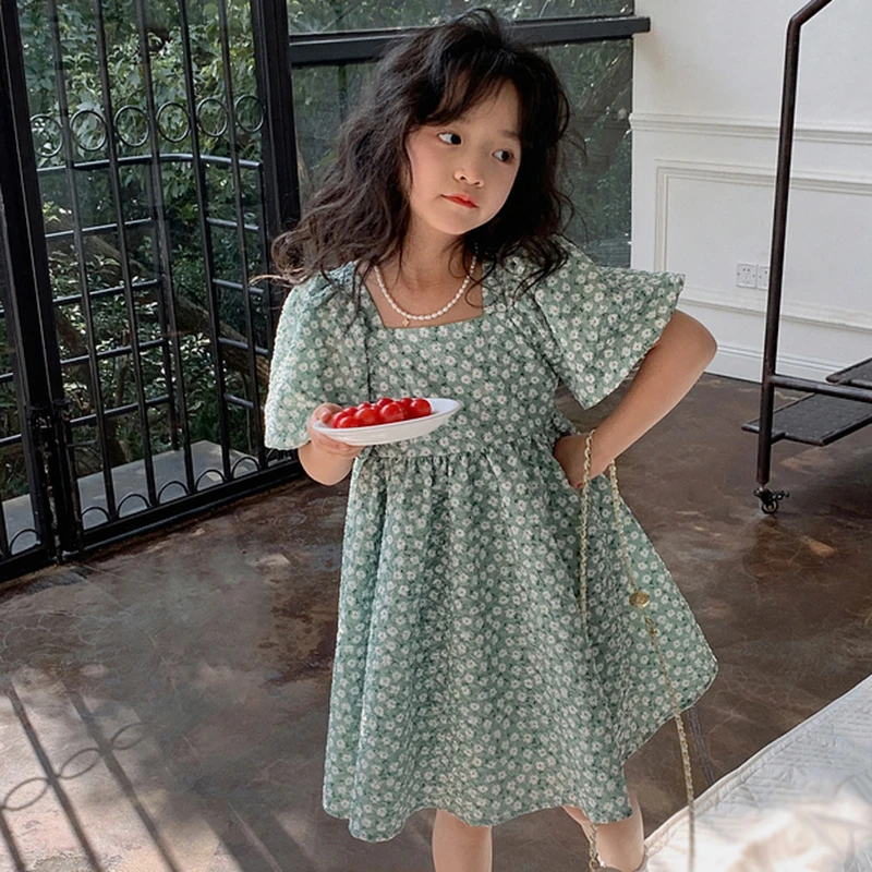 Summer Girl Princess Dress Sweet Floral Puff Sleeve Knee-Length Sundress Kids High Quality Korean Style Casual Dress Picnic Wear