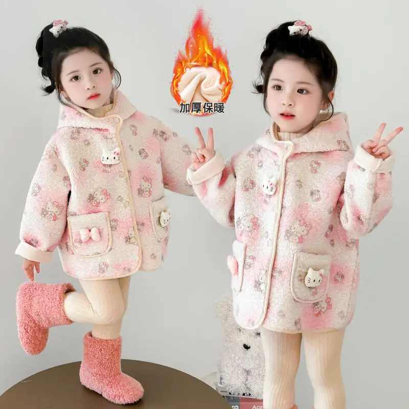 

Kawaii куртка Hello Kitty для девочек, осенне-зимняя новая детская толстая теплая повседневная модная куртка с героями мультфильмов аниме, удобные топы с капюшоном