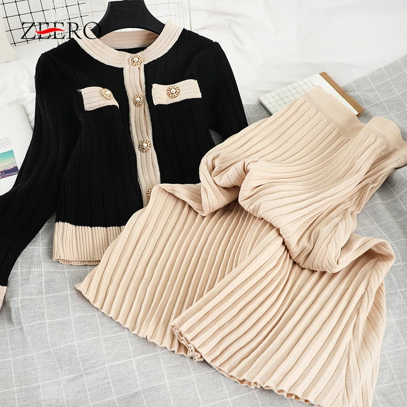 Dzianiny 2 sztuk zestaw kobiet pojedyncze guziki sweter Crop Cardigan + długie, plisowane spódnice z dzianiny urząd Lady 2 sztuk zestawy garniturów