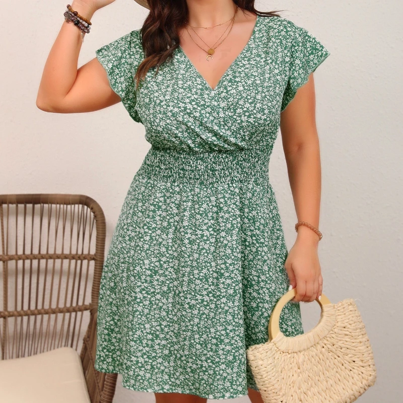 

Женское повседневное мини-платье больших размеров с цветочным принтом в стиле бохо, летнее, с коротким рукавом, V-образным вырезом, для отпуска, с эластичной талией, А-силуэт, Vestidos