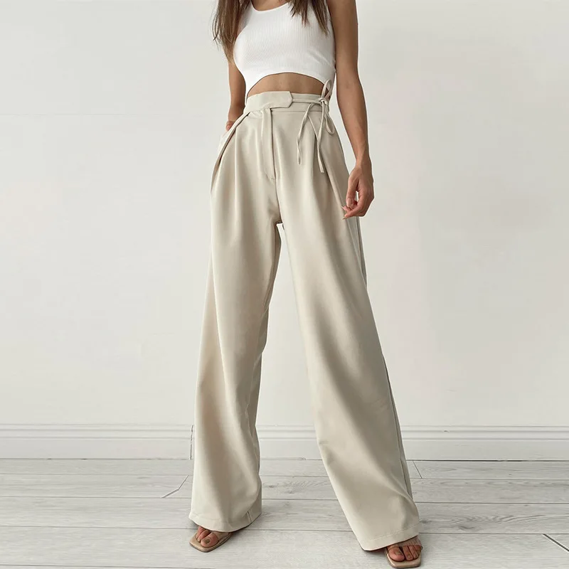 

2024 Spring Autumn New Women Solid Casual Pleated Tie Pants Street Trendy High Waist Loose Fitting Straight Leg Wide Trousers