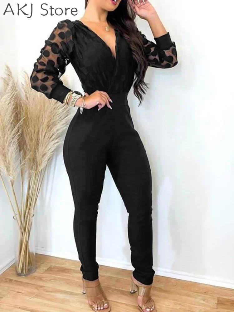 

Women Dot Mesh V-Neck Long Sleeve Jumpsuit