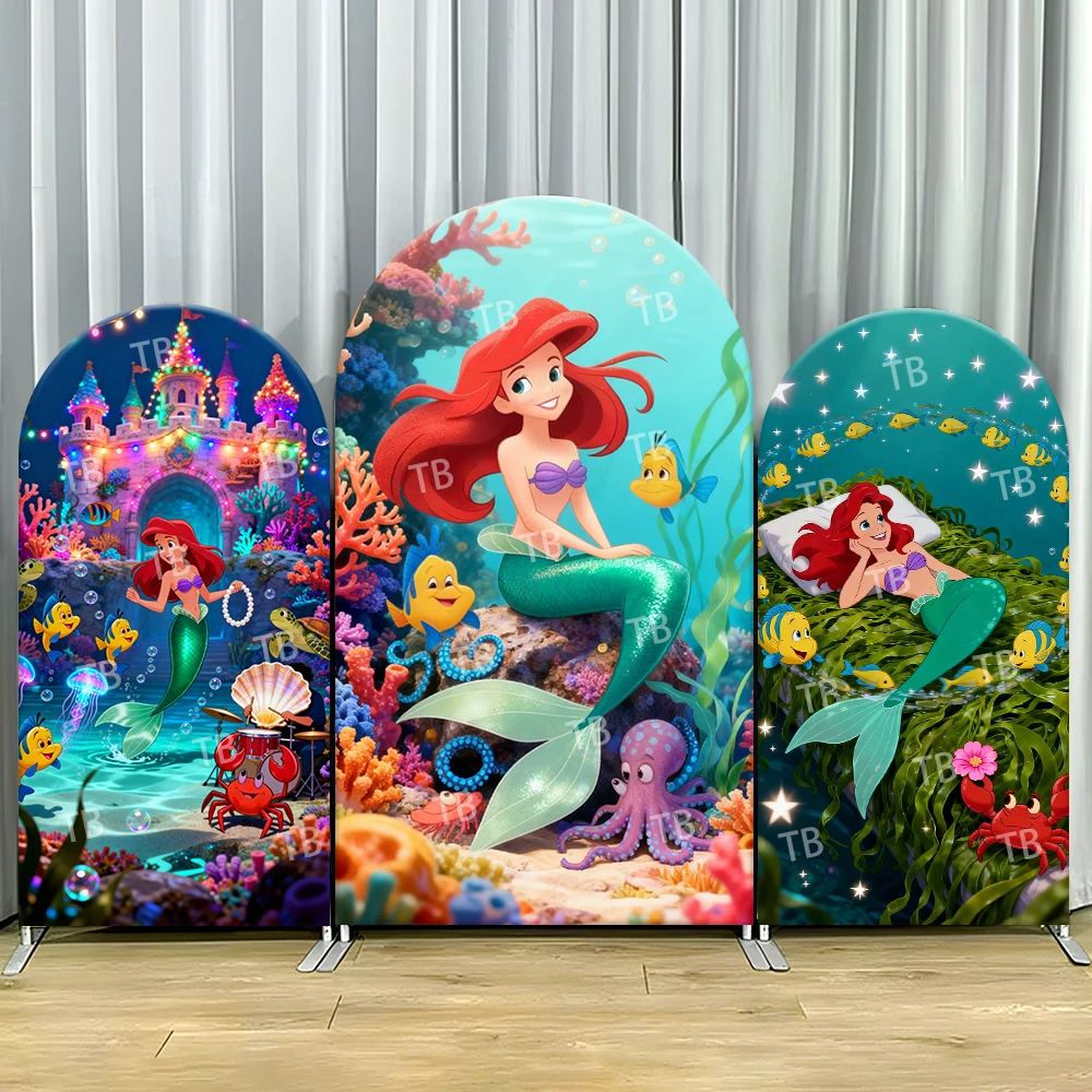 Fondo de arco de castillo subacuático de La Sirenita, cubierta de escena marina para niños, fiesta de cumpleaños, cabina de fotos con tema de dibujos animados vibrantes
