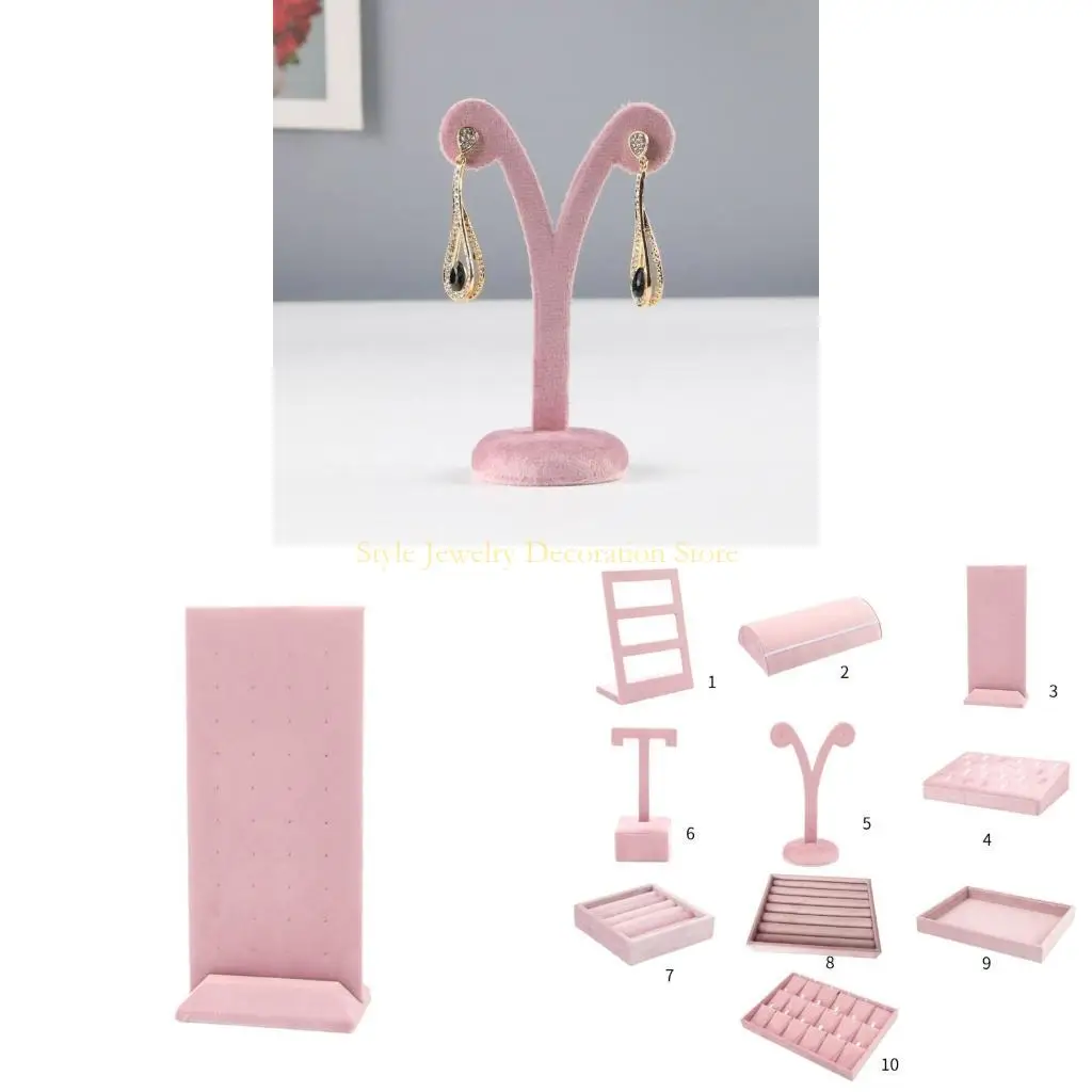 

D46E Pink Jewelry Display Props Elegant Jewelry Stand Velvets Fabric Material Jewelry Display Tray for Rings Earring Necklace