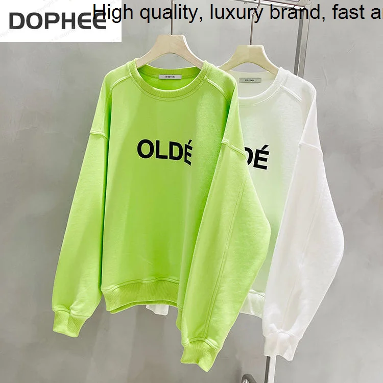 Korea Pure Cotton Women Sweatshirt 2023 New Spring Autumn Loose O-neck Pullover Hoodie Letter Fluorescent Green Casual Harajuku