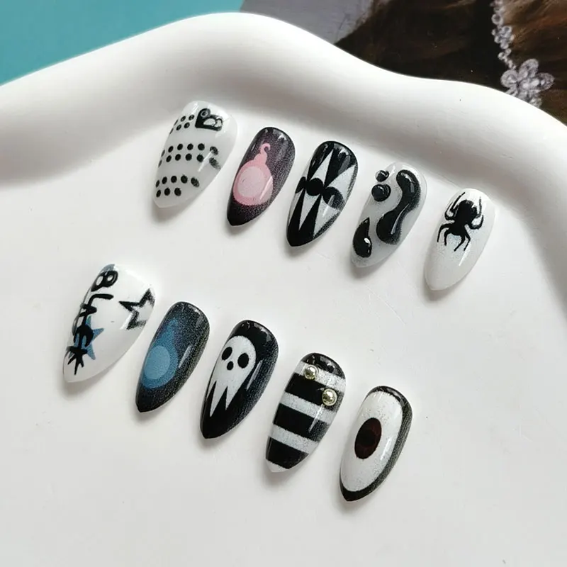 10 Stück 3D Geister-Kürbis Katzenaugen-Kunstnägel mit rauer Textur, Halloween-Nägel, europäische & amerikanische Nagelaufkleber, künstliche Nägel – Detail 20