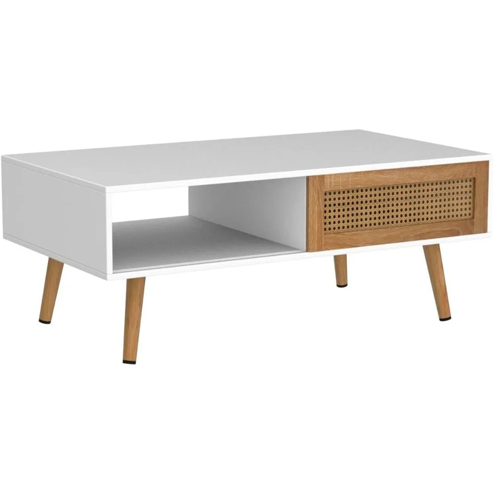 Mesa de centro moderna de meados do século com armazenamento, mesa de sofá central retangular de madeira de 41,3 polegadas com tecido de vime PE deslizante