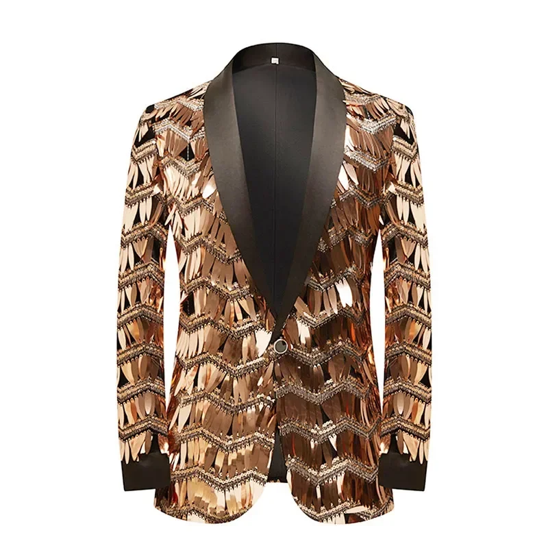 Shiny Gold Sequins Tassel Blazer Mens Brand New Shawl Lapel Tuxedo Jacket Men Suits Blazers Party DJ Club Stage Singer Costumes