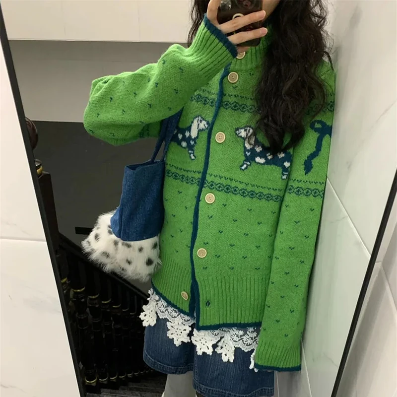 الأخضر خمر الجاكار سترة متماسكة المرأة الحلو Preppy كم طويل س الرقبة سترة الكورية فضفاضة عادية Harajuku زر القمم جديد