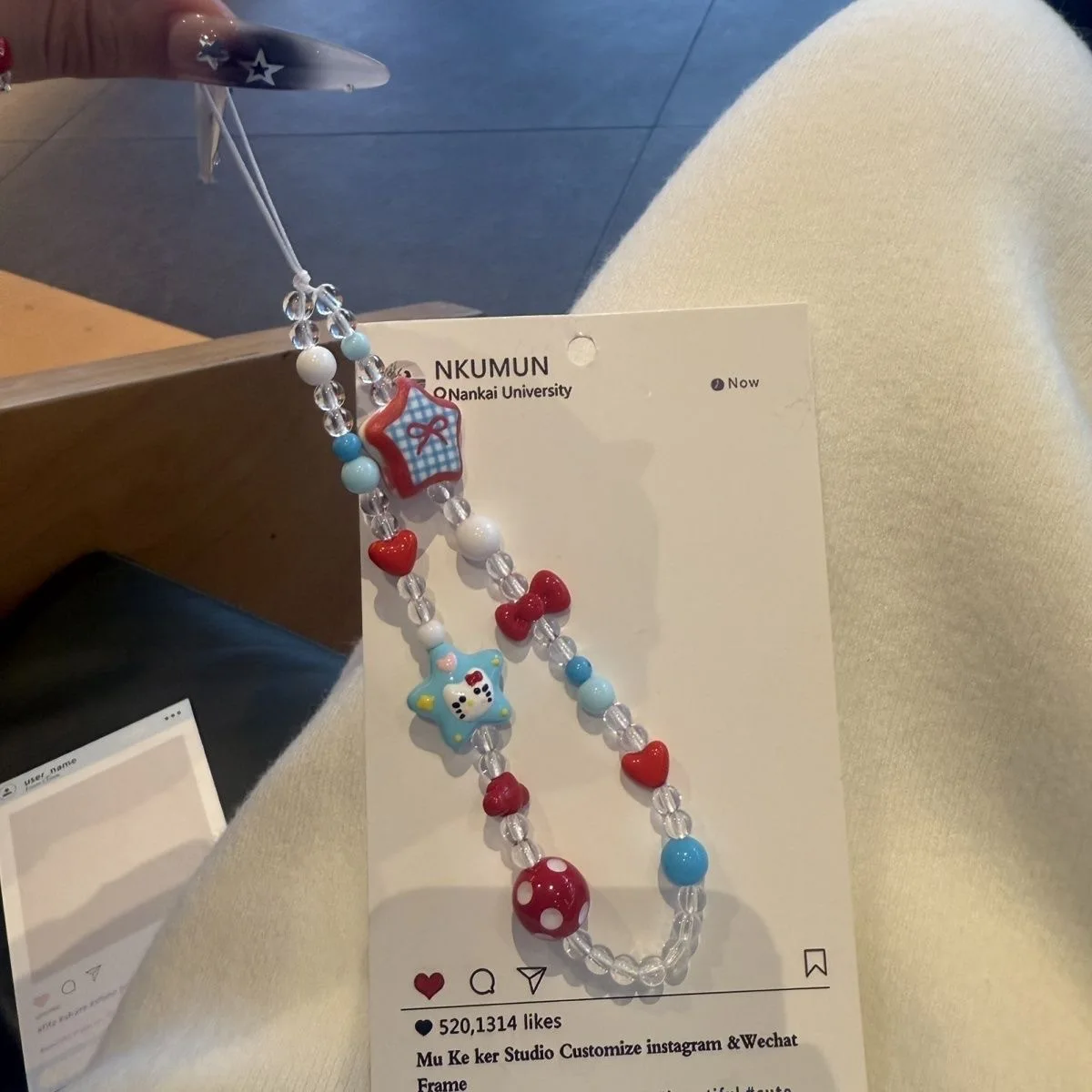 Kawaii INS Sweet Style Hello Kitty Beaded Keyring Plaid Star Bow Heart Bag Ornament Fashion Anti-losty Phone Lanyard Accessories view 4