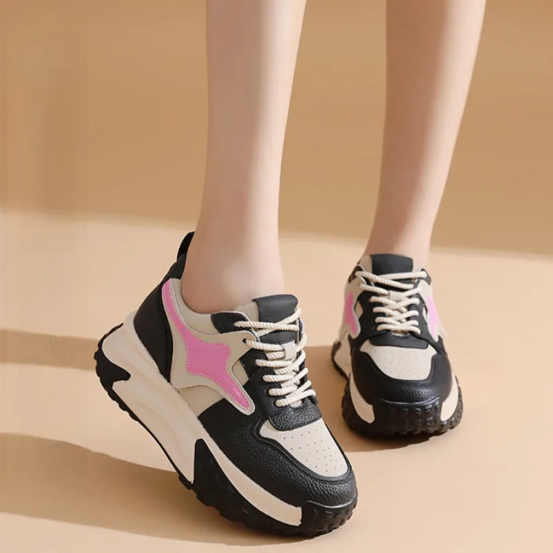 Women's thick-soled sports and casual sneakers, lace-up dad shoes, 7cm heightening thick-soled sneakers