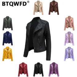 BTQWFD-abrigos de invierno para mujer, chaquetas femeninas, ropa de cuero PU, Tops de manga larga para motorista con bolsillo, otoño, 2024
